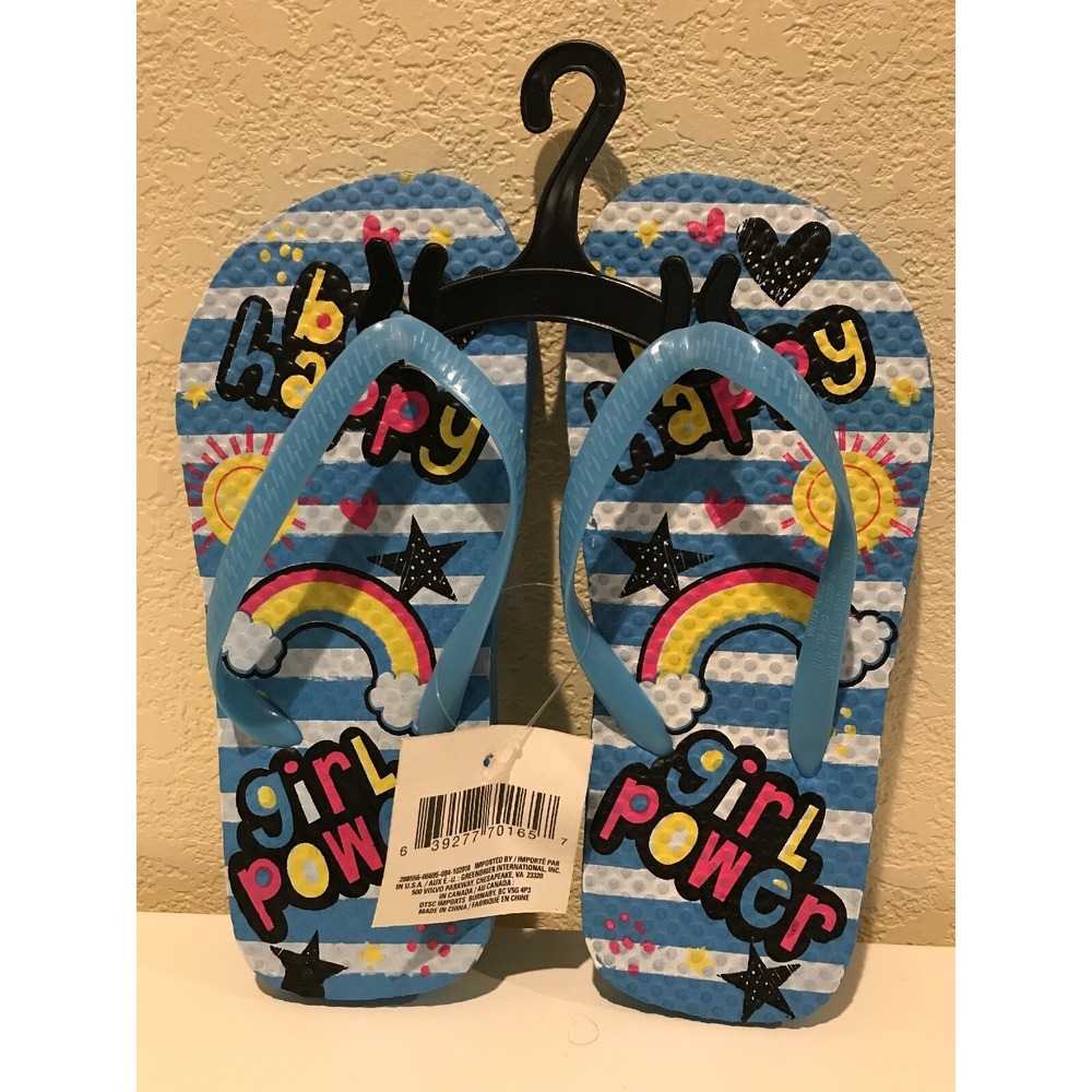 Kids Casual Flat Flip Flops Size M 13/1 Blue Be Happy Girl Power Sandals